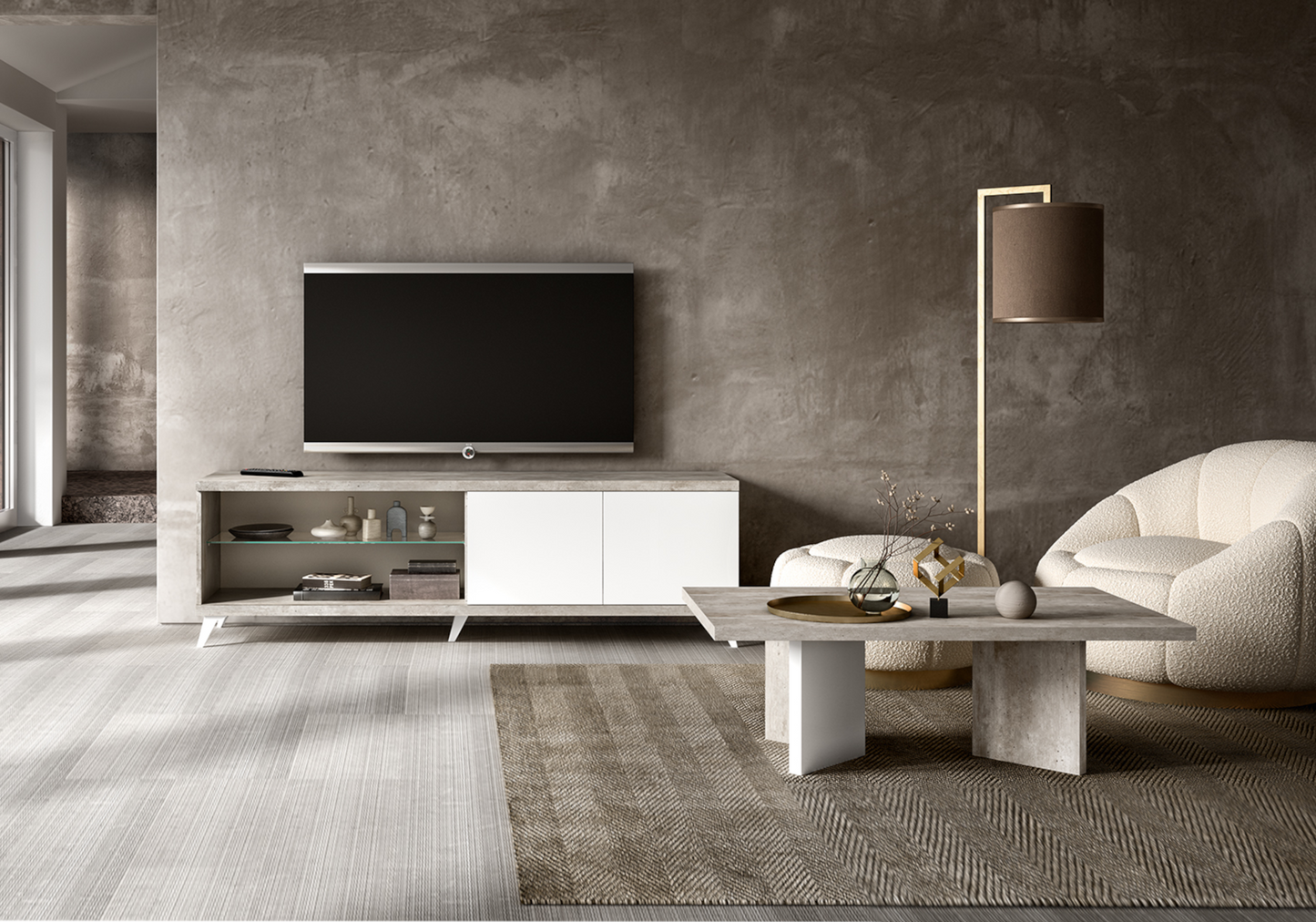 Meuble TV 200 cm et table basse blanc béton – Treviso