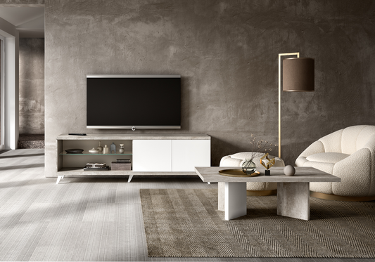 Meuble TV 200 cm et table basse blanc béton – Treviso