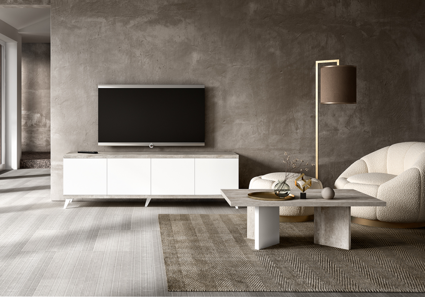 Meuble TV 200 cm blanc laqué effet béton – Treviso