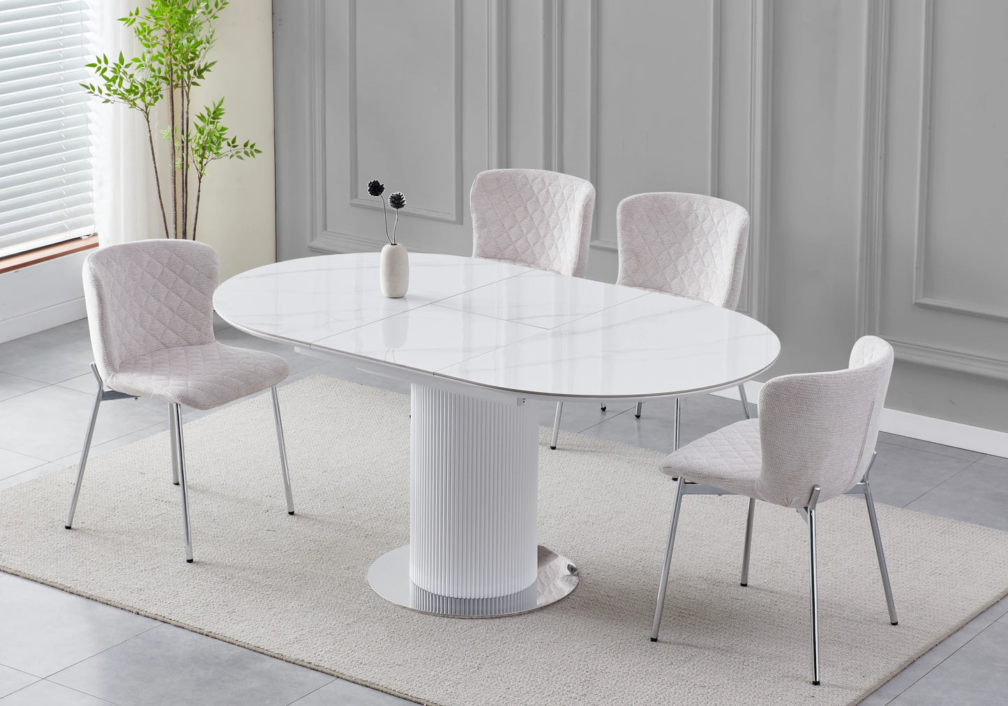 Table ronde extensible marbre blanc chrome – LEON
