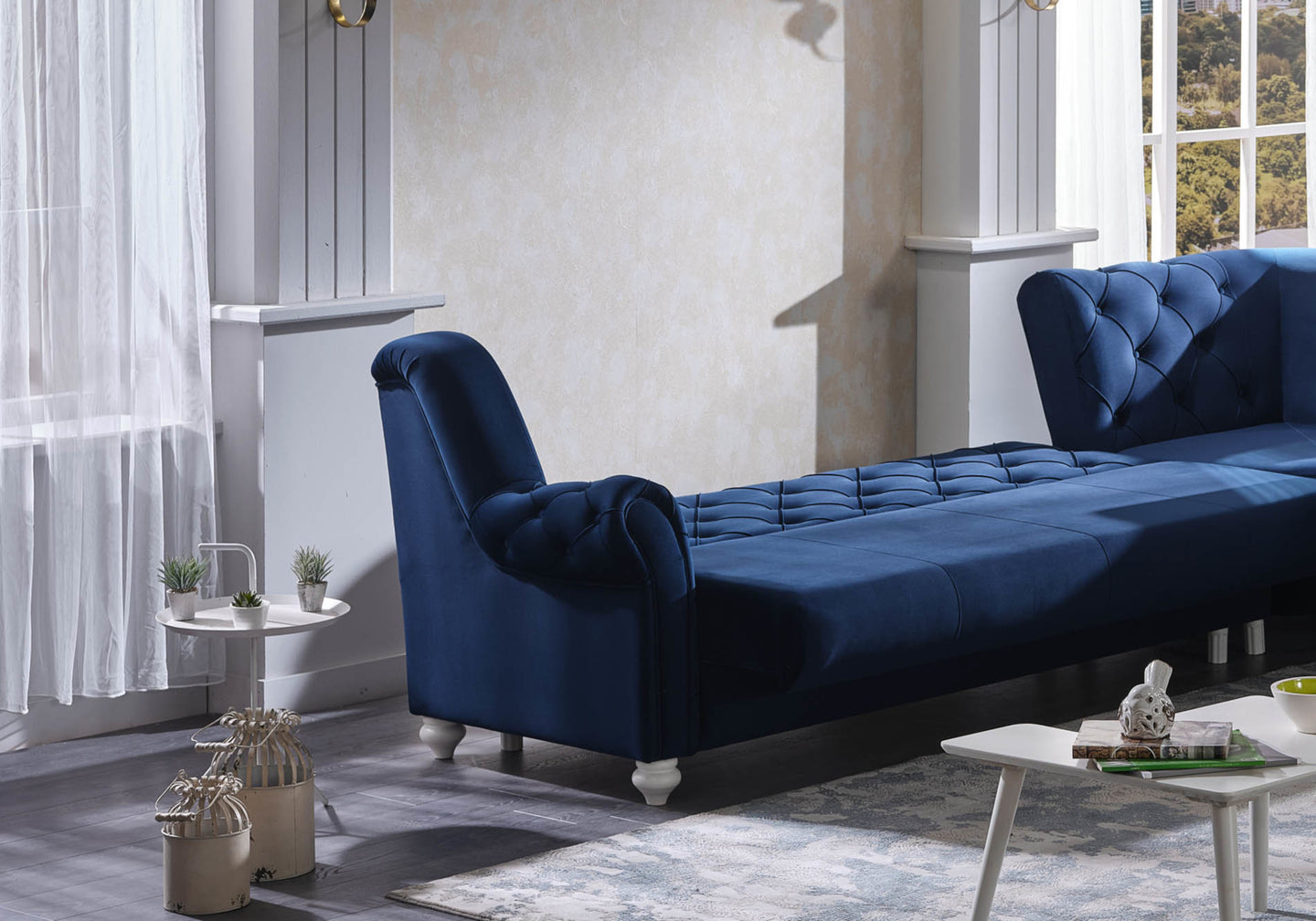 Canapé d’angle capitonné bleu MEVA