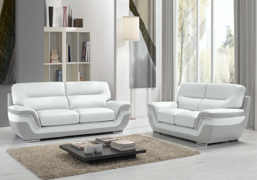 Canapé cuir blanc gris design CASSANDRA