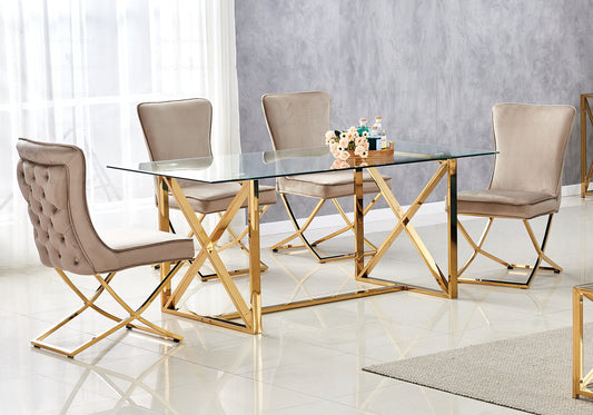 Table et chaises capitonnées dorées ENZO